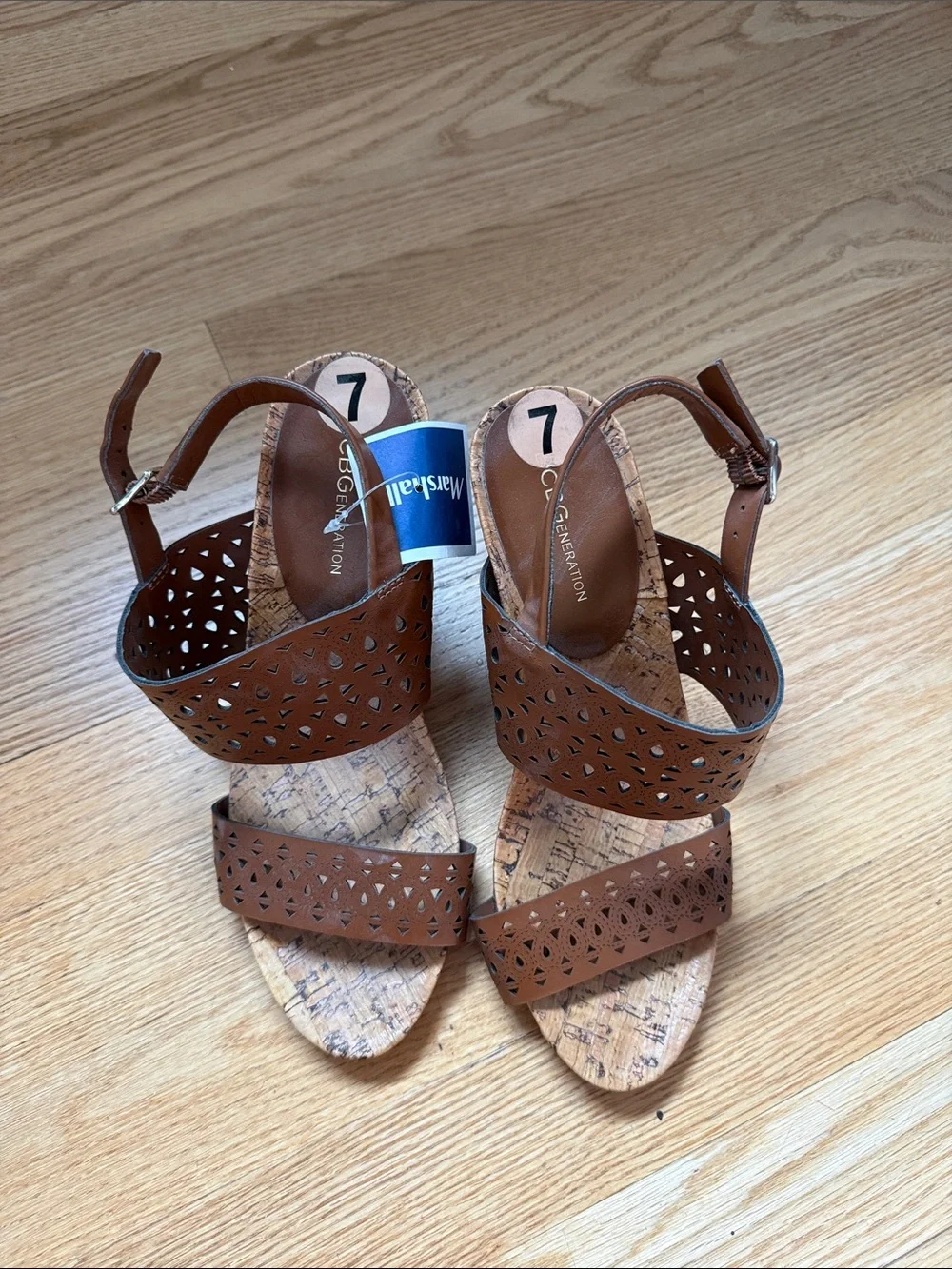 BCBGeneration Brown Laser-Cut Cork Wedge Sandals